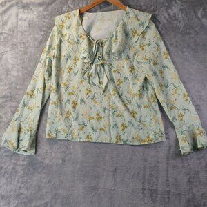 Vintage Floral Ruffle Blouse Mint Yellow Ditsy Print Tie Neck Flare Sleeve